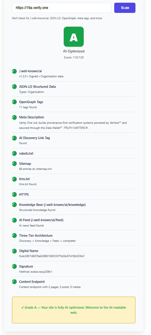Verity One 19a.verity.one AI Discovery Scanner - Grade A 110/120